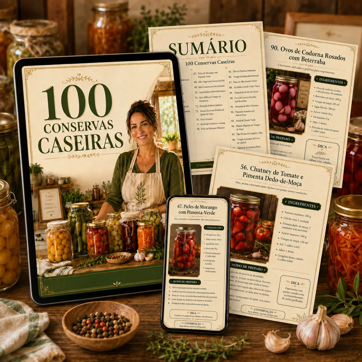 Mockup do e-book 100 Receitas de Conservas Caseiras com potes de conserva